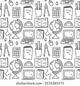 Seamless pattern with school items - notebooks, textbooks, laptop, globe, drawing compass, calculator, pins. Vector hand-drawn doodle illustration. Perfect for print, wallpaper, decorations.