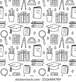 Seamless pattern with school items - textbooks, notepads, drawing compass, magnifying glass, calculators, pins. Vector hand-drawn doodle illustration. Perfect for print, wallpaper, decorations.