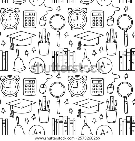 Seamless pattern with school items - textbooks, magnifying glass, calculator, alarm clocks, school bell, pins. Vector hand-drawn doodle illustration. Perfect for print, wallpaper, decorations.