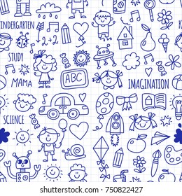 Seamless pattern School, kindergarten. Happy children. Creativity, imagination doodle icons with kids. Play, study, grow Happy students Science and research Adventure Explore