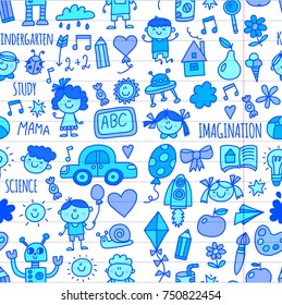 Seamless pattern School, kindergarten. Happy children. Creativity, imagination doodle icons with kids. Play, study, grow Happy students Science and research Adventure Explore