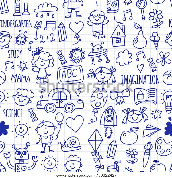 Seamless\
pattern School, kindergarten. Happy children. Creativity,\
imagination doodle icons with kids. Play, study, grow Happy\
students Science and research Adventure\
Explore