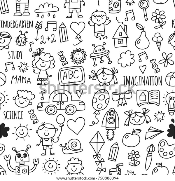 Seamless\
pattern School, kindergarten. Happy children. Creativity,\
imagination doodle icons with kids. Play, study, grow Happy\
students Science and research Adventure\
Explore