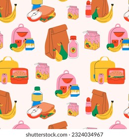 Seamless pattern with School lunch box, container. Various food. Hand drawn. Isolated elements, design templates. Healthy food concept