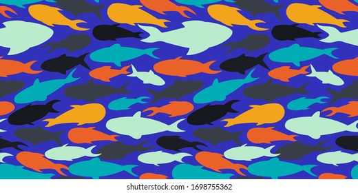 seamless pattern with school of motley fishes on a dark lilac background. Modern abstract design for paper, cover, fabric, interior decor