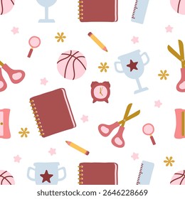 Seamless pattern of school objects including notebooks, basketball, trophies, scissors, alarm clock, rulers, magnifier, and pencils on transparent background.