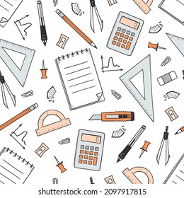 Seamless pattern with school and office stationery. Hand drawn sketch of pen, pencil, notebook and ruler. Vector background with doodle education supplies, calculator, pins, clips, knife