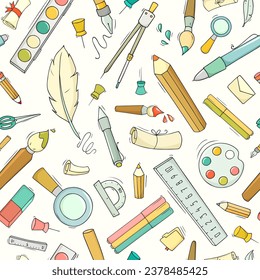 Patrón sin problemas con el material escolar y de oficina. Antecedentes del concepto educativo con materiales de estudio, lápices, lápiz, regla, borrador, pinturas y pincel, ilustración de caricatura vectorial
