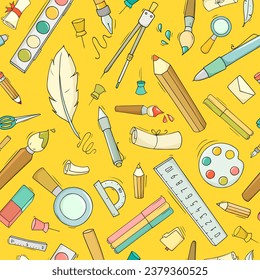 Patrón sin problemas con el material escolar y de oficina. Antecedentes del concepto educativo con materiales de estudio, lápices, lápiz, regla, borrador, pinturas y pincel, ilustración de caricatura vectorial
