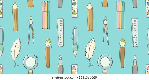 Seamless pattern with school and office stationery. Education concept background with study supplies, pencils, pen, ruler, paints and brush, vector cartoon illustration