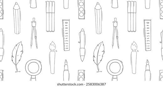 Seamless pattern with school and office stationery. Education concept background with study supplies, pencils, pen, ruler, paints and brush, vector cartoon illustration