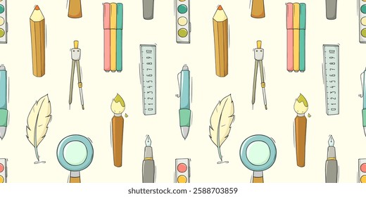 Seamless pattern with school and office stationery. Education concept background with study supplies, pencils, pen, ruler, paints and brush, vector cartoon illustration