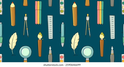 Seamless pattern with school and office stationery. Education concept background with study supplies, pencils, pen, ruler, paints and brush, vector cartoon illustration