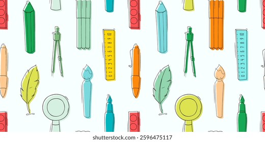 Seamless pattern with school and office stationery. Education concept background with study supplies, pencils, pen, ruler, paints and brush, vector cartoon illustration