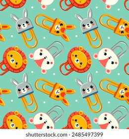 Seamless pattern with school paperclips in the shape of animals, tiger, hare, bear, penguin