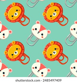 Seamless pattern with school paperclips in the shape of animals, tiger, hare, bear, penguin