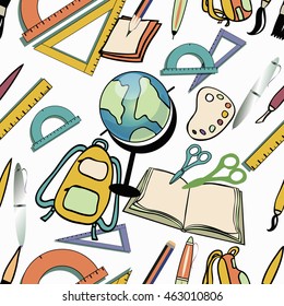 Seamless pattern for school papers, books, globe, backpack, ruler and pencil vector illustration