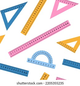 Seamless pattern of school rulers. Multicolored rulers, triangle, protractor. School background, education concept, study, math and geometry, drawing tools. Vector illustration