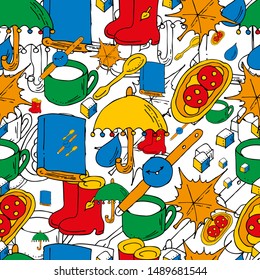 Seamless pattern school set. Umbrella and boots, drops and autumn leaf. Mug and spoon, sugar and a sandwich. Clock and book.