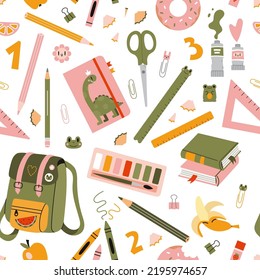 Seamless pattern with school stationery and art supplies on a white background, cartoon style. Back to school. Trendy modern vector illustration, hand drawn, flat design. 
