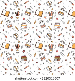 Seamless pattern of school stationery, educational supplies. Back to school concept. Linear vector drawing. Decoration, design for banners, paper, textiles, fabric, wallpaper. Vector illustration