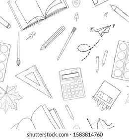 Seamless pattern with school stationery. Monochrome vector illustration. Black silhouette on white background. Hand-drawn.