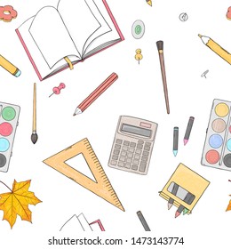 Seamless pattern with school stationery on white background. Colorful vector illustration in sketch style. Hand-drawn.