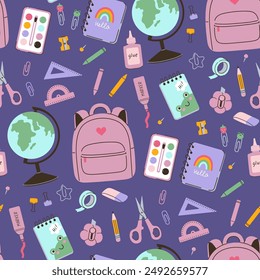 Seamless pattern with school stationery and supplies. Vector graphics