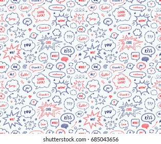 Seamless pattern in school style. Hand drawn set of speech bubbles with dialog words. Vector illustration over squared notebook sheet