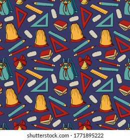 Seamless pattern of school subjects. Back to school. Hand draw style.
