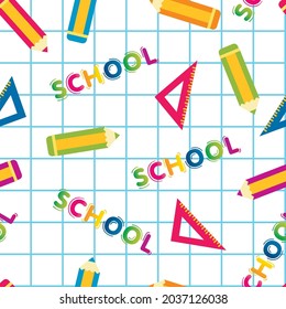 Seamless pattern with school subjects. Children's colorful background with pencils and rulers, notebook in a cage. School topics.