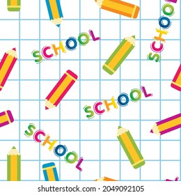 Seamless pattern with school subjects. Colorful background with pencils and rulers, notebook in a cage. School topics.