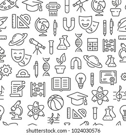 Seamless pattern with school subjects, education, science. Black and white thin line icons