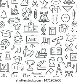 Seamless pattern with school subjects and education. Black and white thin line icons