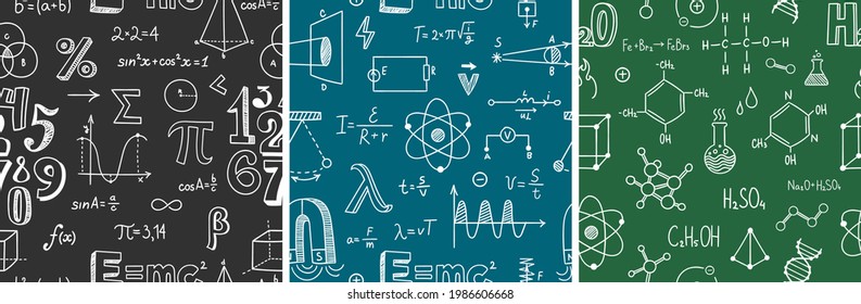 Seamless pattern with school subjects - math, physics, chemistry. Blackboard inscribed with scientific formulas. Back to school background set. Chalk doodle style. Vector illustration