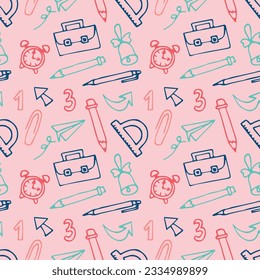Patrón sin problemas con asignaturas escolares y papelería. Portada para portátiles. Ilustración del vector