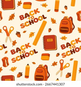 Seamless pattern with school supplies, autumn leaves and back to school lettering. 