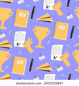 Seamless Pattern with School Supplies and Awards