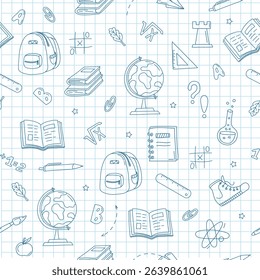 Seamless pattern with school supplies. Back to school. Globe, textbooks, backpack, pen, ruler, chemical flask. Hand drawn doodles. Vector illustration