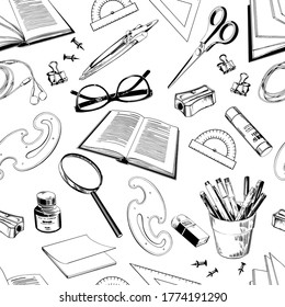 Patrón sin problemas con los suministros escolares. Ilustración vectorial en blanco y negro.