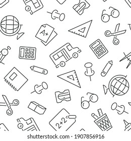 Seamless pattern with school supplies. Black and white thin line icons