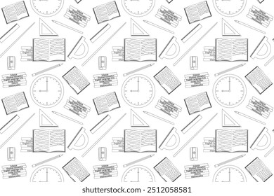 Seamless pattern with school supplies in black and white for coloring books. Perfect for kids educational projects and designs.