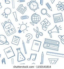 Seamless pattern with school supplies, blue outline design. Vector illustration