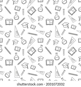 seamless pattern school supplies book, ruler, pencil for background, greeting card, packaging, texture, fabric pattern, wallpaper, back school theme wall decoration