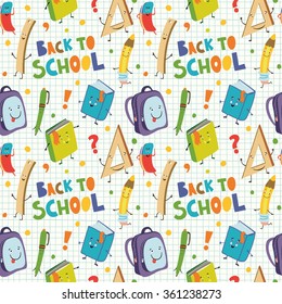 Seamless pattern with school supplies: book, books, pen, backpack, pencil, ruler, eraser.