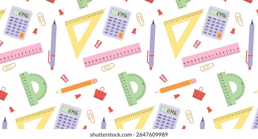 Padrão contínuo de suprimentos escolares. Calculadora, Caneta, Lápis, Afiador, Régua, Triângulo, Protrator, Push Pin, Clipe. Ilustração de vetor plano para plano de fundo e design de impressão