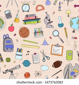 Seamless pattern with school supplies and creative elements. Back to school background. Vector illustration.