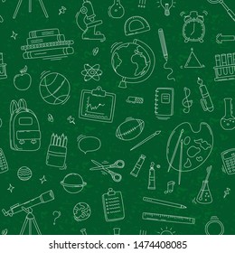 Seamless pattern with school supplies and creative elements. Back to school background. Vector illustration.