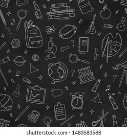 Seamless pattern with school supplies and creative elements. Back to school background. Vector illustration.