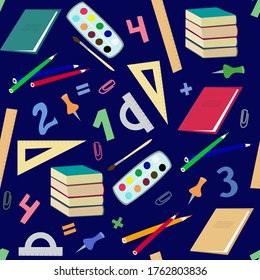 Seamless pattern with school supplies and creative elements. Back to school. Vector